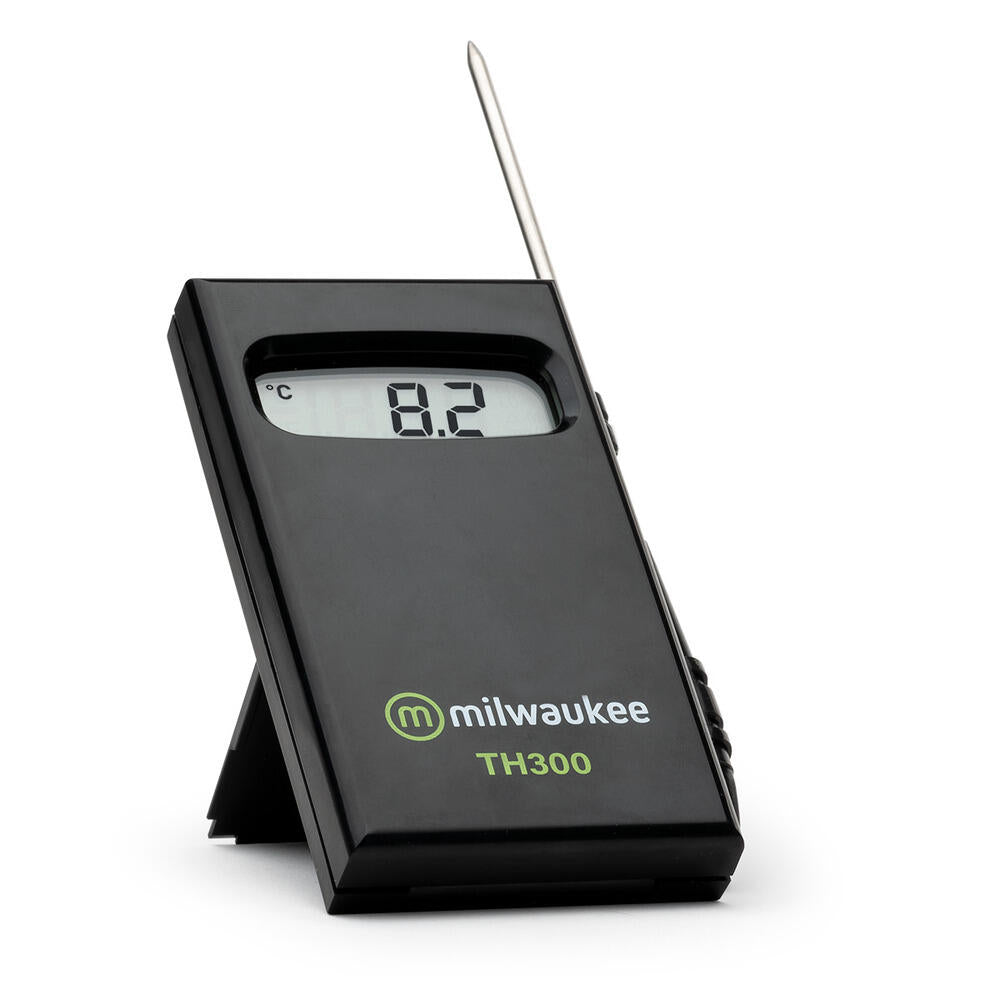 Milwaukee TH300 digitalt termometer i svart plast med utfellbar probe og stort display.