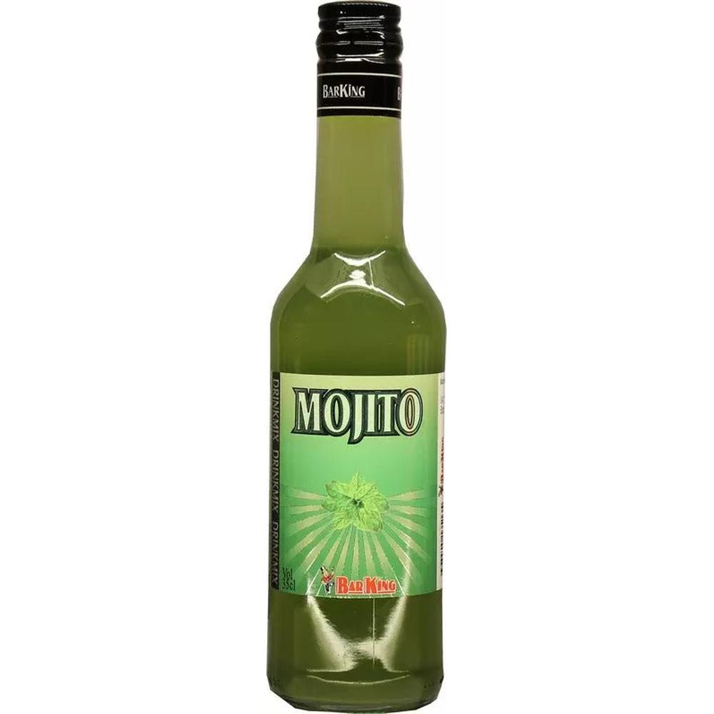 Glassflaske med 35 cl mojito drinkmiks, lys grønn i fargen, med sort kapseøl