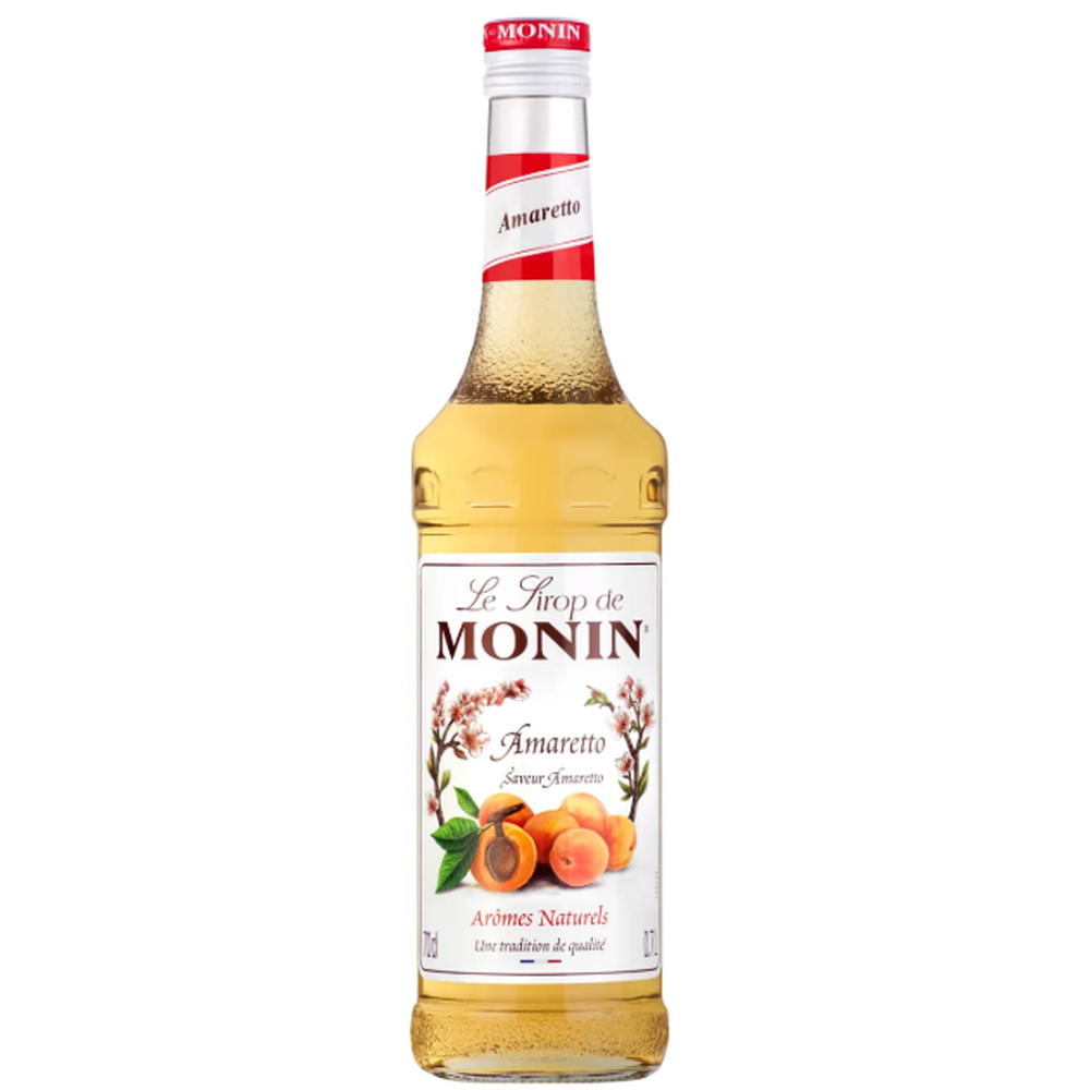 Monin Amaretto sirup 70 cl i glassflaske med aprikosdesign.