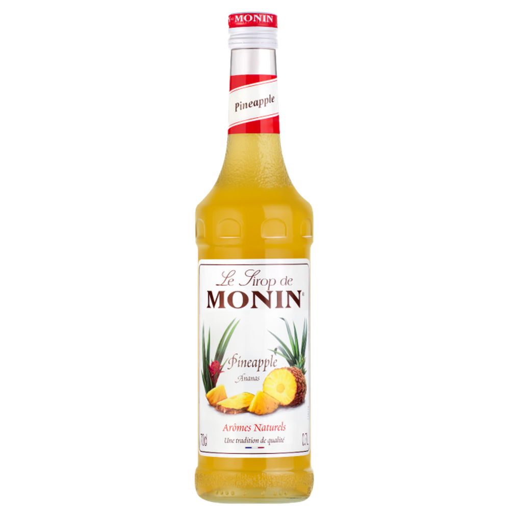Monin Ananas sirup 70cl i glassflaske med ananasillustrasjon.