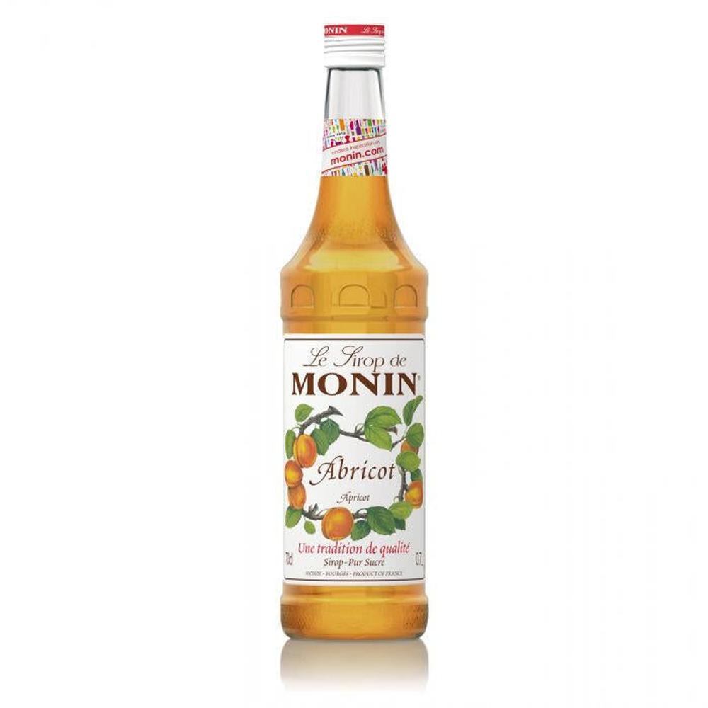 Monin Aprikos sirup 70 cl i glassflaske med hvit etikett og aprikosdesign.