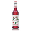 Monin Bringebærsirup 70 cl i glassflaske med rød etikett og bringebærmotiv.