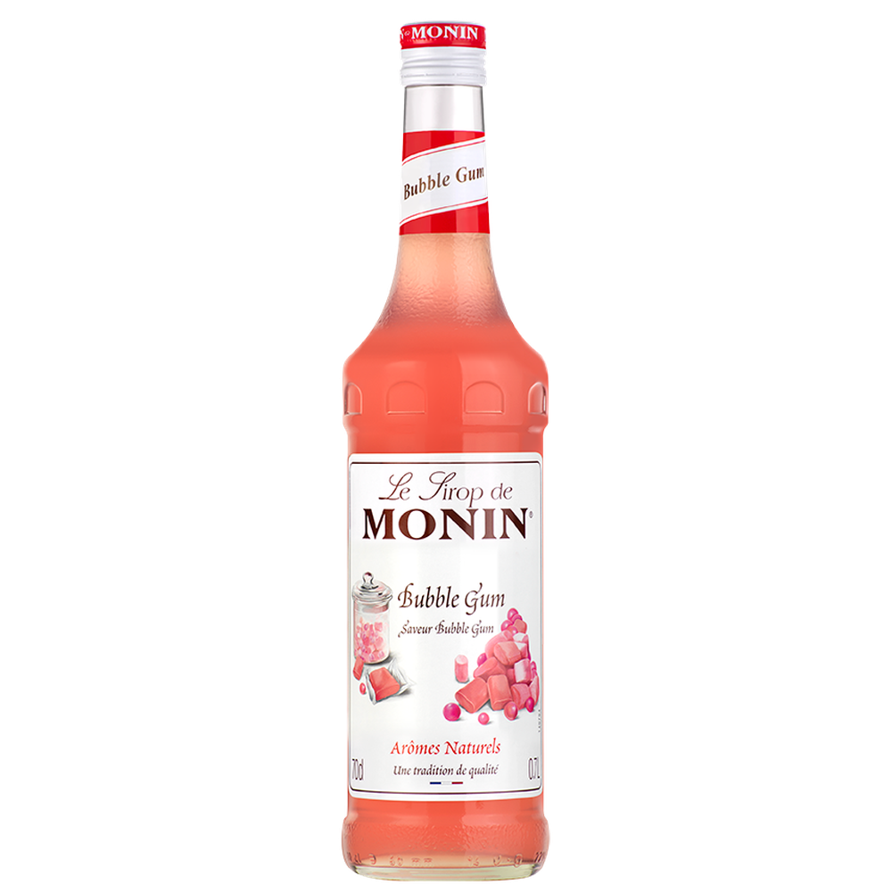 Monin Bubblegum sirup 70 cl i glassflaske med rosa væske og hvit etikett.
