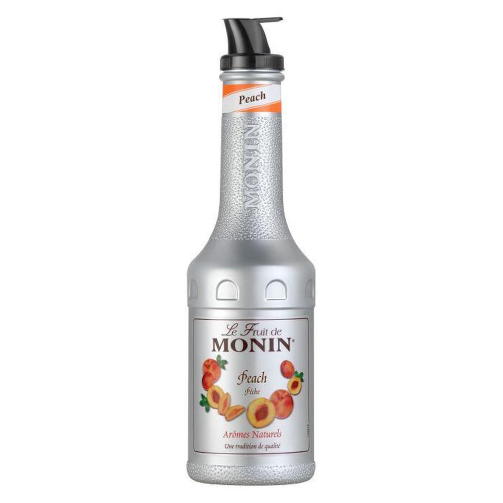 Monin Fersken Puré 1L flaske med svart helletut og ferskenetikett.