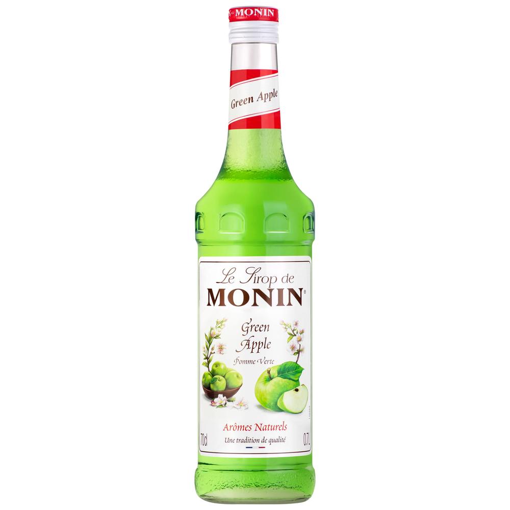 Monin Grønn Eple sirup 70 cl flaske med rød kork og epleetikett.