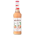 Monin Hvit Fersken sirup 70 cl i glassflaske med hvit og rød etikett, ferskenillustrasjoner.