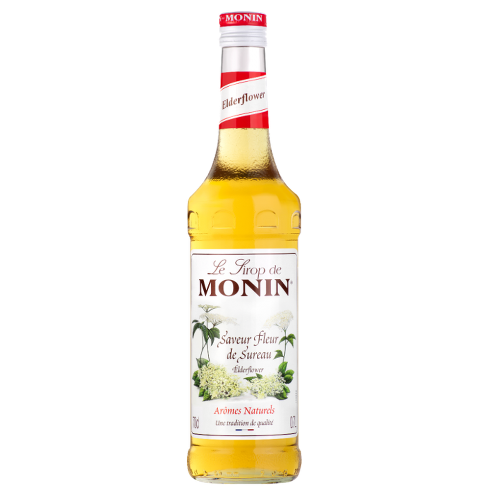 Monin Hylleblomst Sirup 70 cl glassflaske med rød kork og etikett.