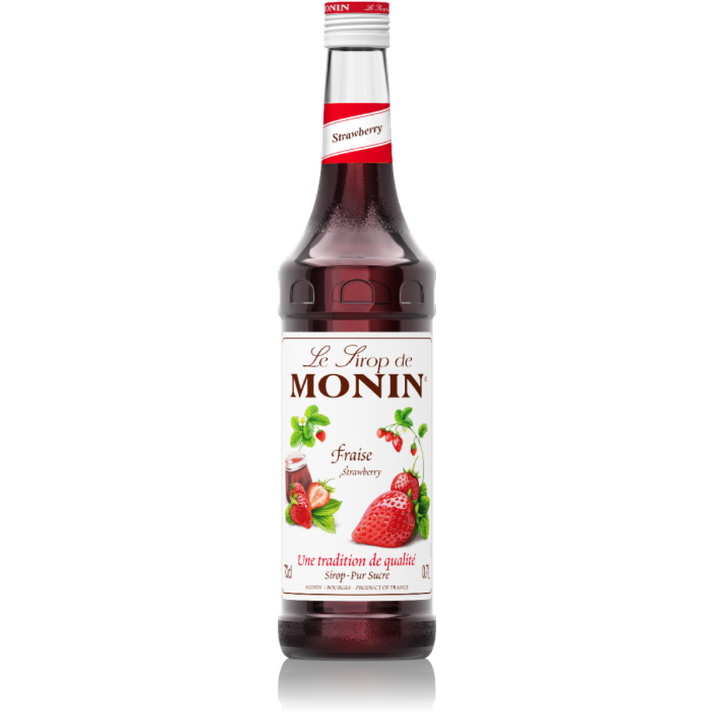 Monin Jordbær Sirup 70cl i glassflaske med rød etikett og jordbærmotiv.