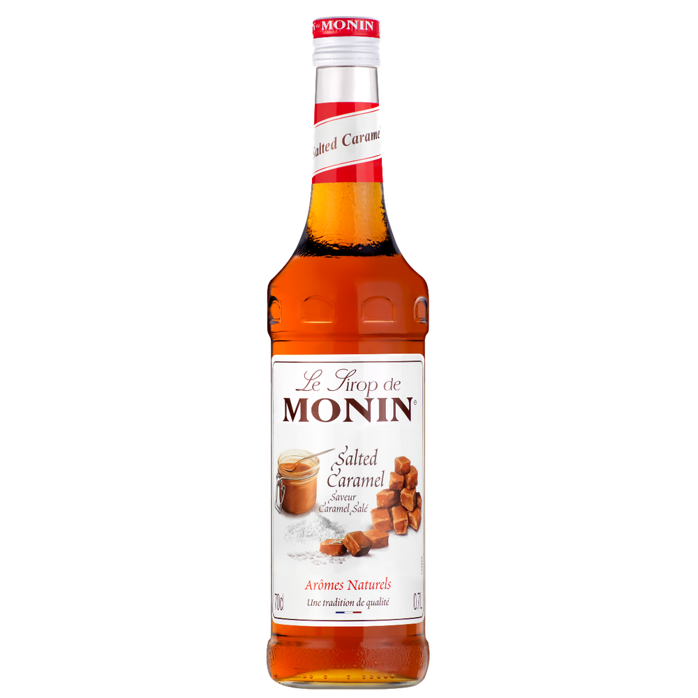 Monin Salted Caramel sirup 70cl flaske med rød og hvit etikett.