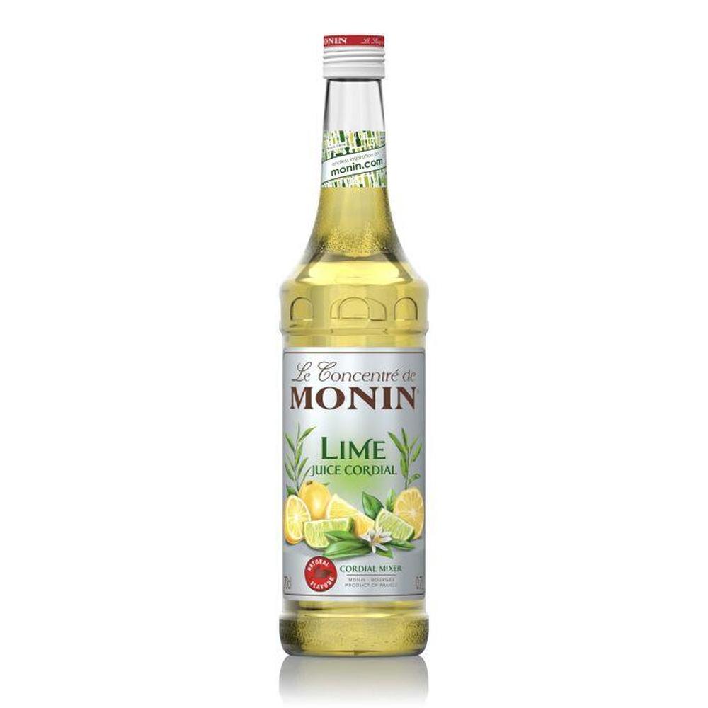 Monin Lime Juice Cordial 70 cl flaske med grønn-gul væske og limefrukter på etiketten.