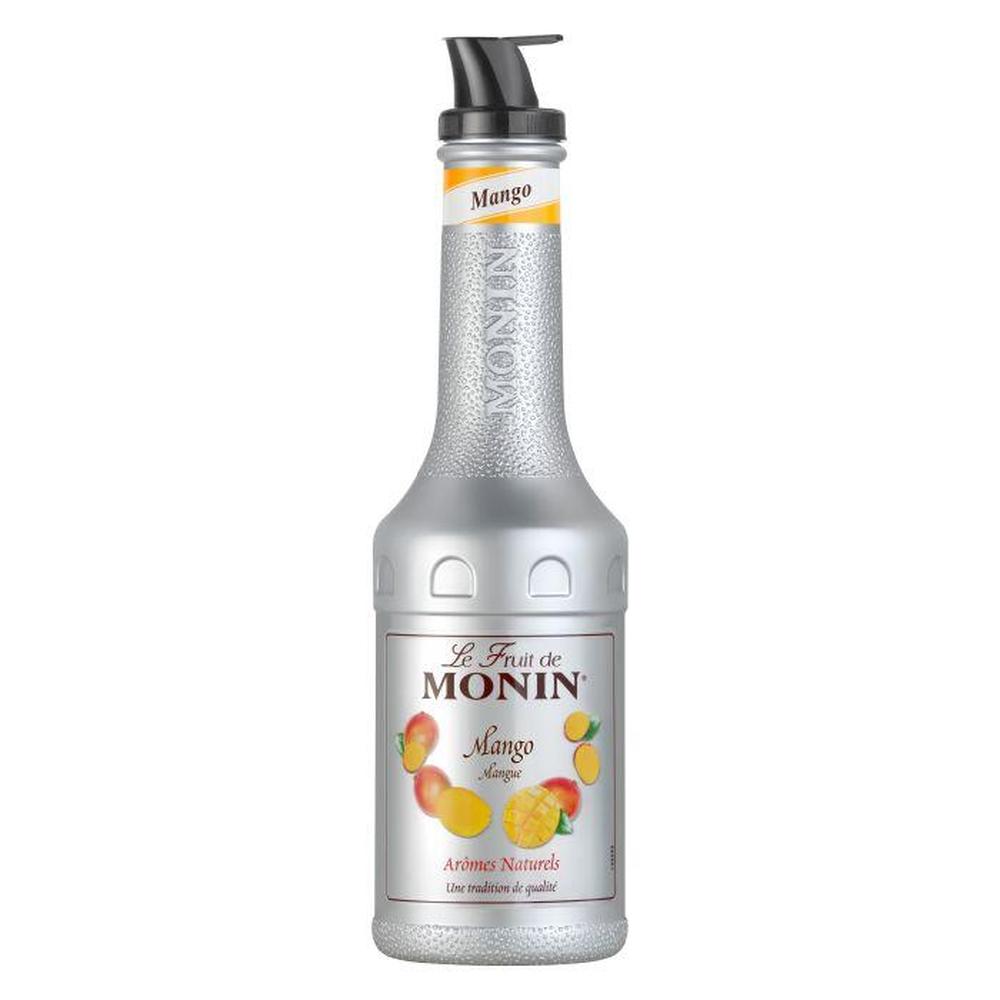 Monin Mango Puré 1L i sølvfarget flaske med svart helletut og mangoetikett.