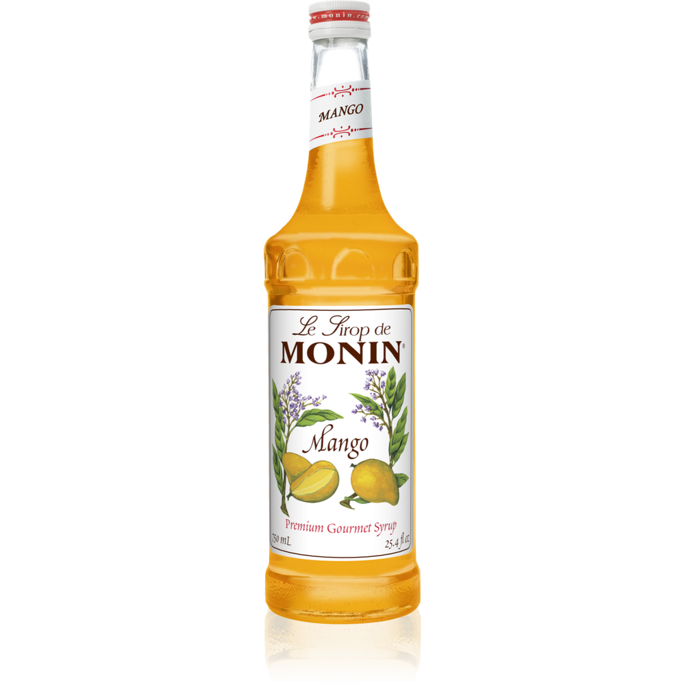 Monin Mango Sirup 70cl i glassflaske med gul væske og mango-illustrasjon på etiketten.