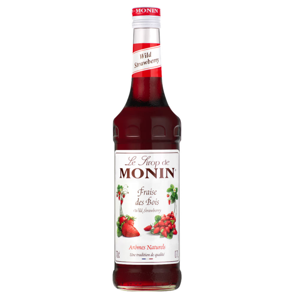Monin Markjordbær Sirup 70cl flaske med rød etikett og jordbærmotiv.