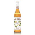 Monin Pasjonsfrukt sirup 70 cl i glassflaske med hvit kork og fargerik etikett.