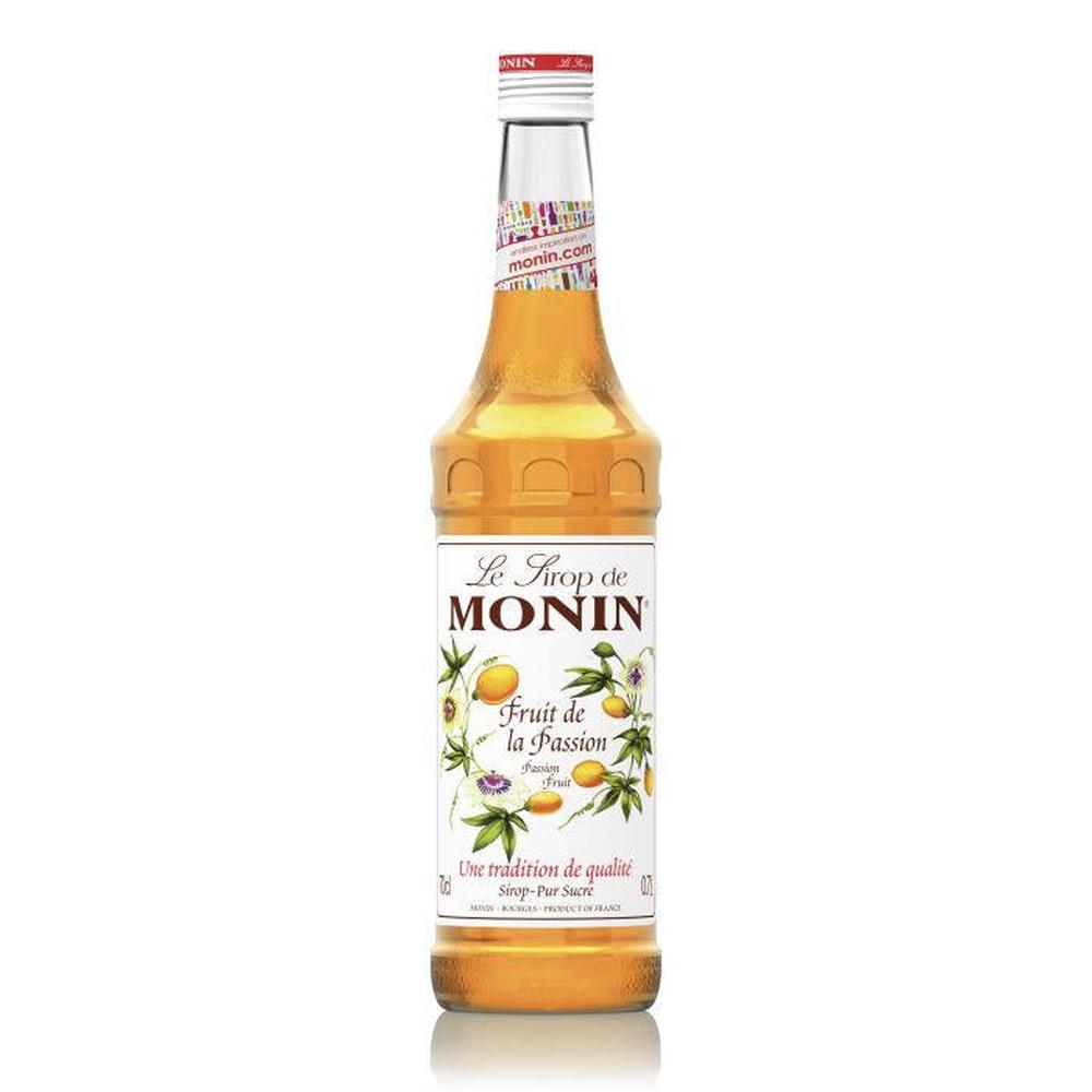 Monin Pasjonsfrukt sirup 70 cl i glassflaske med hvit kork og fargerik etikett.