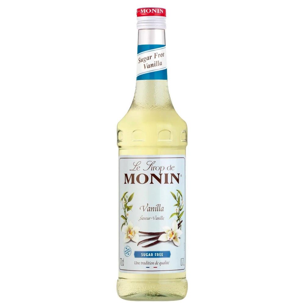 Monin Sukkerfri Vaniljesirup 70 cl glassflaske med hvit kork og etikett.
