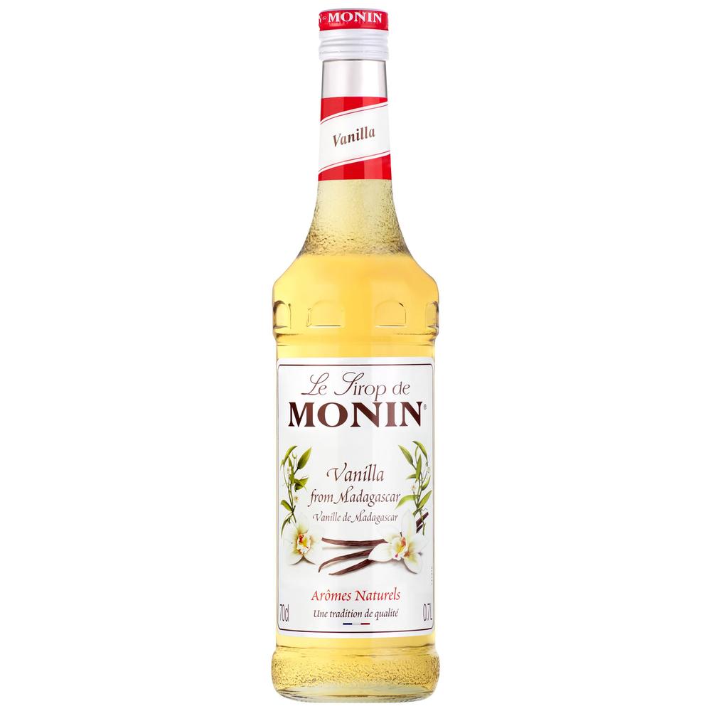 Monin Vanilje Sirup 70 cl fra Madagaskar i glassflaske med rød og hvit etikett.