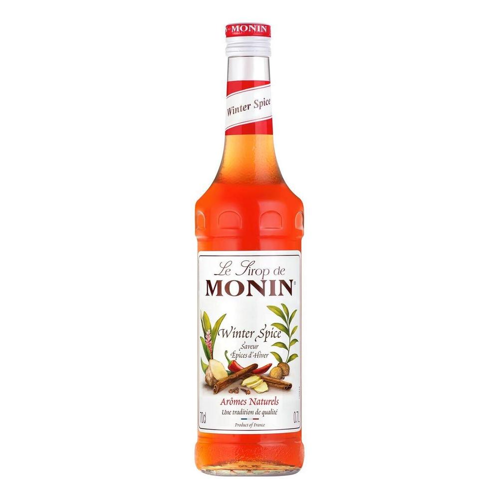 Monin Winter Spice sirup 70 cl flaske med rød væske og krydderetikett.