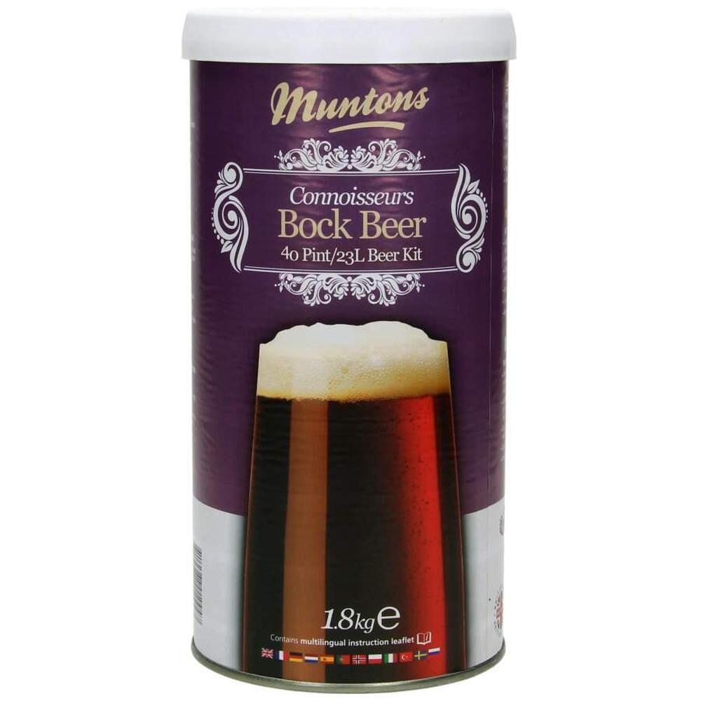 Muntons Connoisseurs Bock Beer ølsett 1.8kg, mørk lilla beholder med bilde av et mørkt øl.