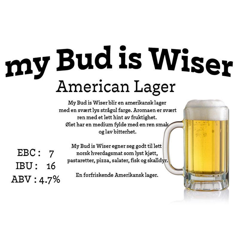 My Bud is Wiser American Lager ølsett med lys strågul øl i glass.