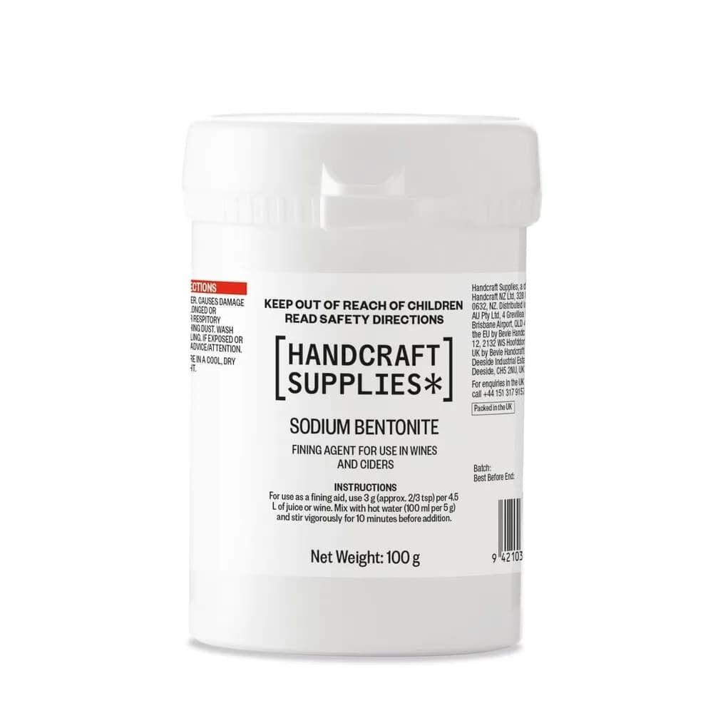 Hvit beholder med Handcraft Supplies Sodium Bentonite 100g – klaringsmiddel for vin og cider.
