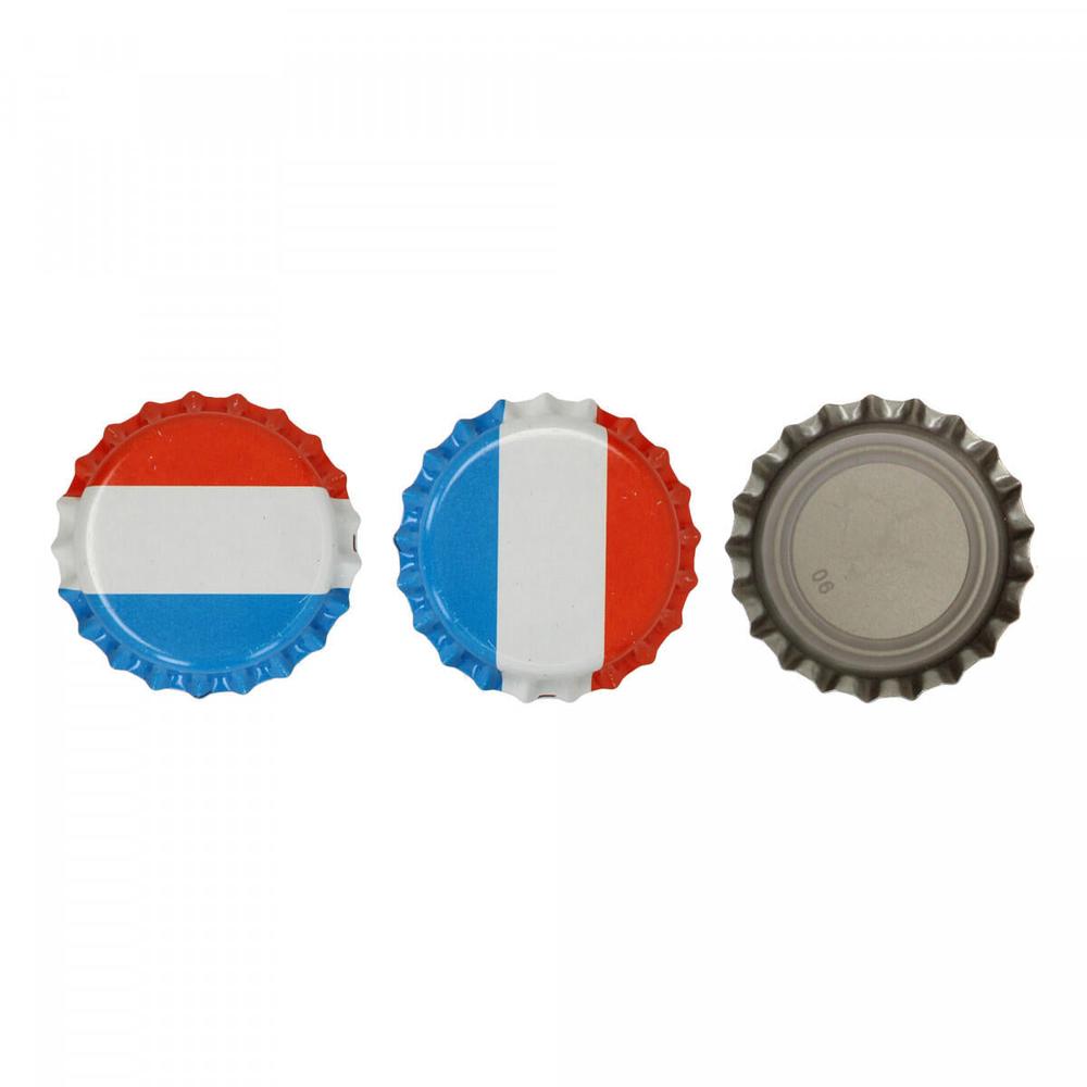 OxyCaps flaskekapsler 26 mm med Nederlandsk/Fransk flagg og sølvfarget kapsel – 100 stk.