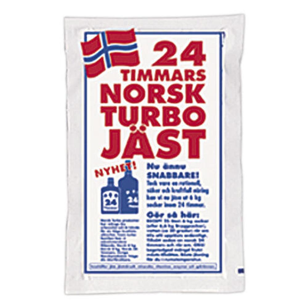Norsk Turbogjær 24 Timers pakke med norsk flagg og rød tekst – hjemmebrygg