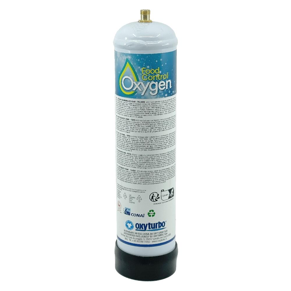 Hvit Oxyturbo 1L oksygenflaske med blå "Food Control Oxygen" etikett og svart base.