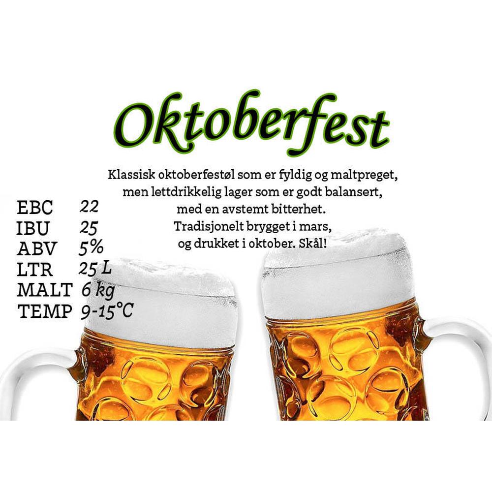 To store ølglass med gyllenbrunt Oktoberfest-øl, tekst og bryggedetaljer.