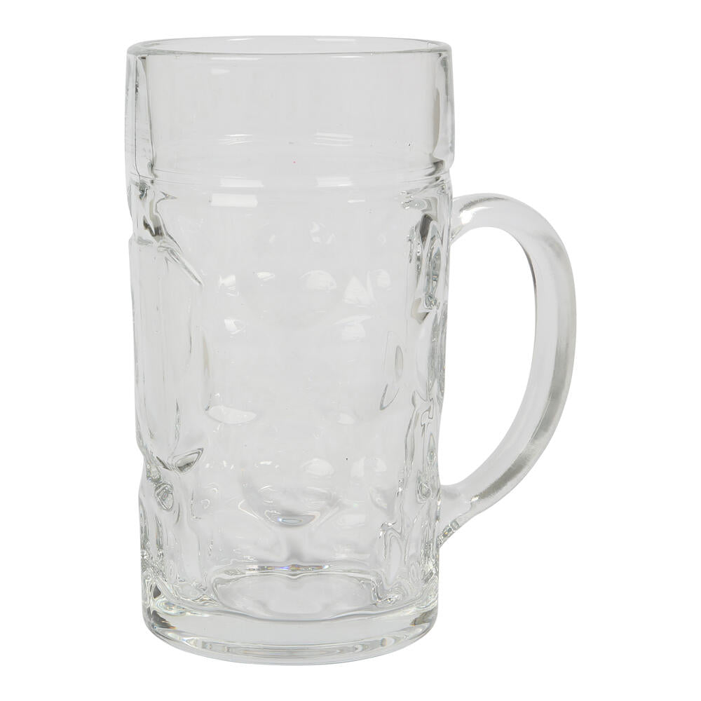 Stort 1L ølglass med hank og teksturert overflate, perfekt for jubileum eller oktoberfest.