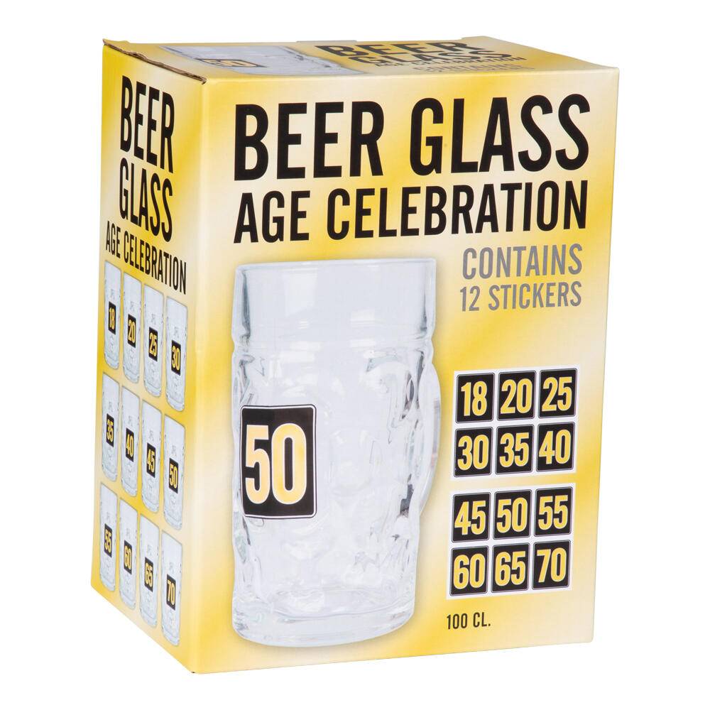Ølglass 1L med jubileumsmerker og "50" klistremerke på gul og hvit eske.