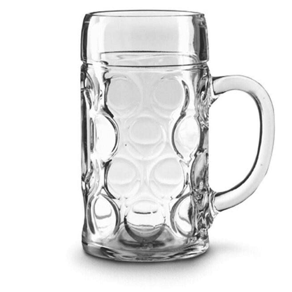 Klar 1L ølseidel i glass med hank og tradisjonelle fordypninger.