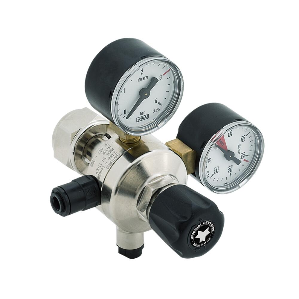 Oxyturbo Major CO2 regulator i sølv og svart med to manometre og John Guest 5/16" hurtigkobling.