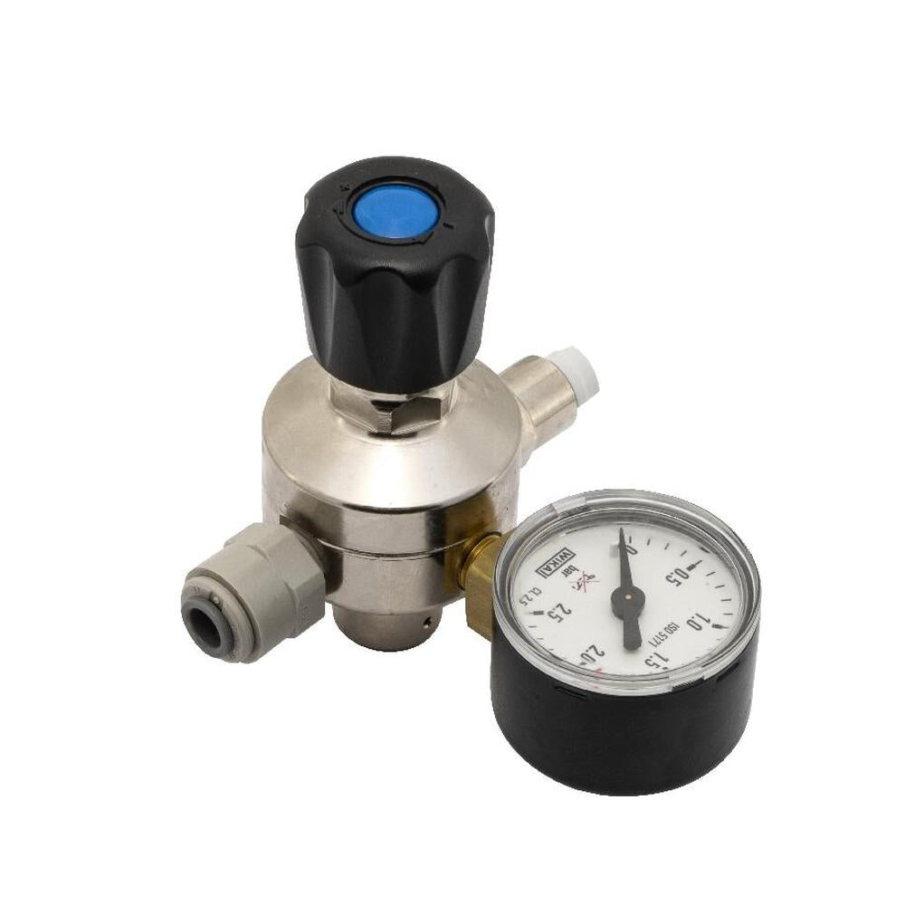 Oxyturbo Minor O2 oksygenregulator i sølv og svart med manometer og 1/4" hurtigkobling.