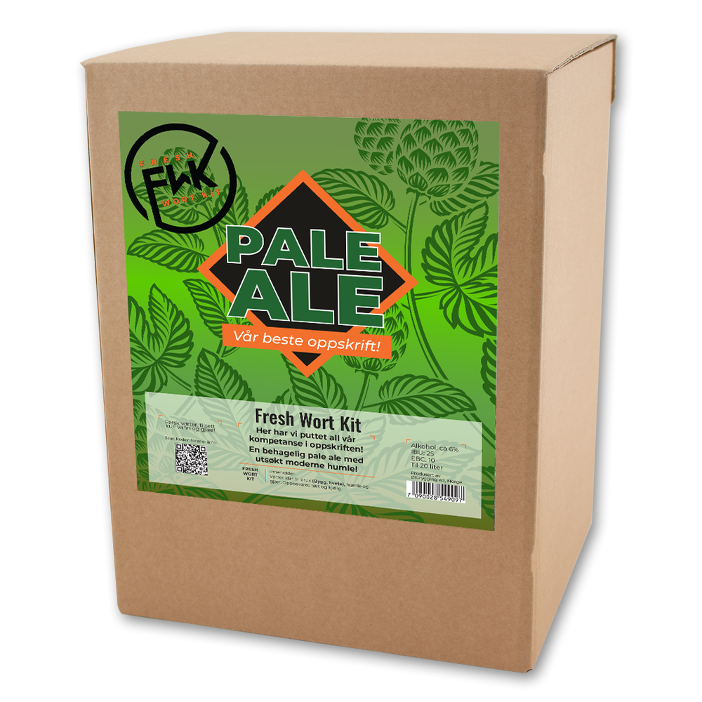 Pale Ale Fresh Wort Kit i brun pappeske med grønn etikett, klar for brygging.