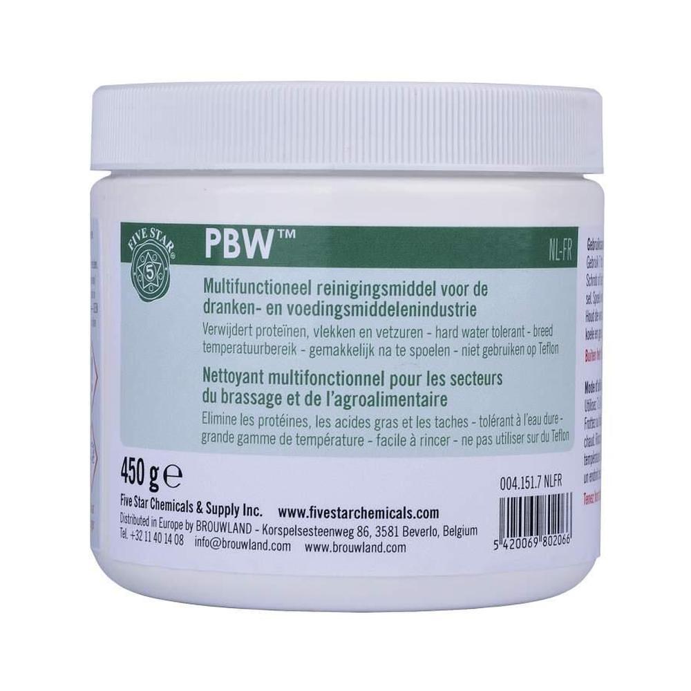 Hvit boks med PBW rengjøringsmiddel 450 g for hjemmebrygg, med grønn og blå tekst.