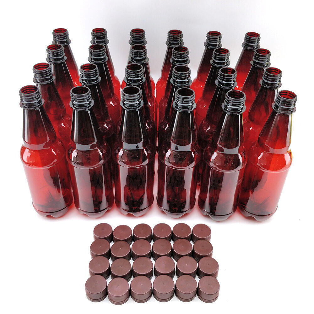 24 mørkebrune PET ølflasker, 500ml, med matchende skrukorker.