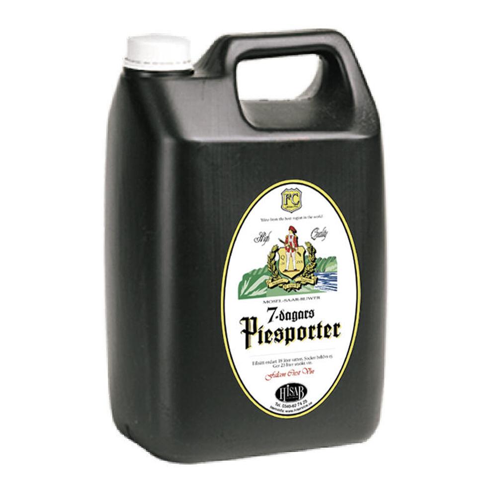 Svart 7 kg kanne med Piesporter hvitvinråstoff og gul etikett.