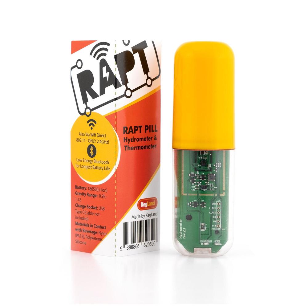 RAPT Pill digitalt hydrometer og termometer i gul og transparent kapsel, med oransje eske.