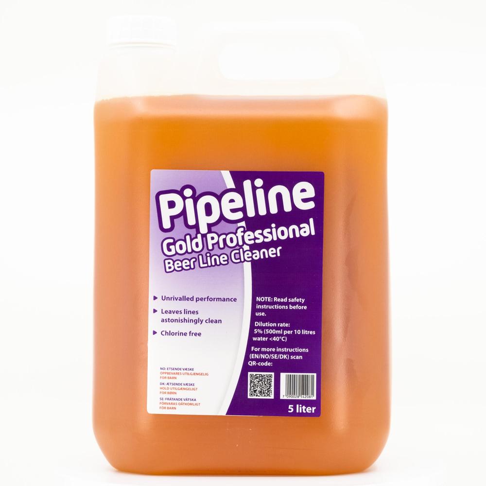 Pipeline Gold Professional Beer Line Cleaner 5 liter, oransje væske i gjennomsiktig kanne.