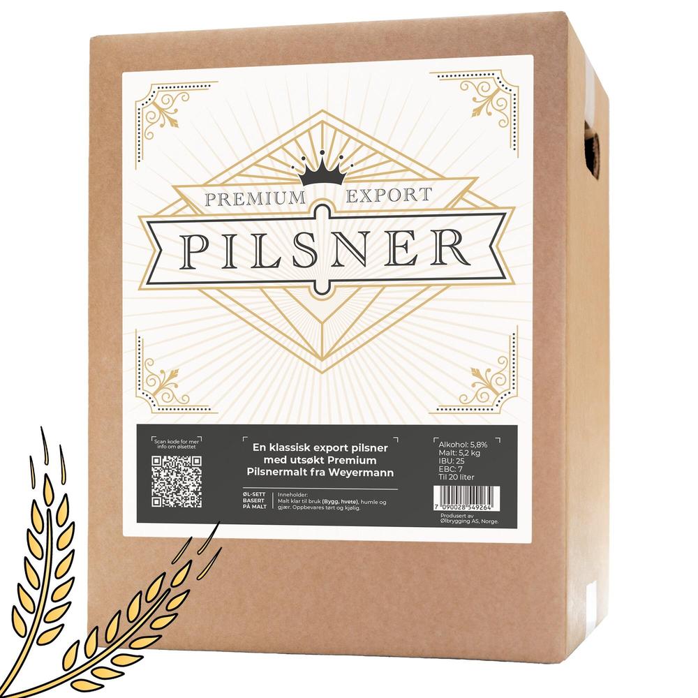 Premium Export Pilsner ølsett i brun pappeske med gull og svart etikett.