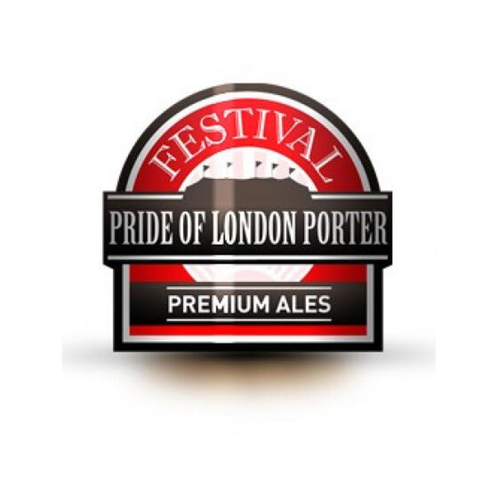 Festival Pride of London Porter Premium Ales logo i rødt, svart og hvitt.