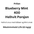 Prillan All White Blueberry Mint 400 porsjoner, helhvit snus med blåbær- og mintsmak, 1.2% nikotin.