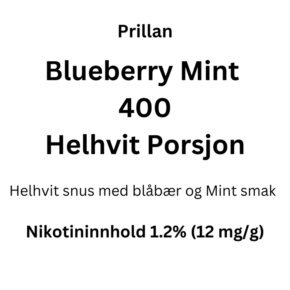 Prillan All White Blueberry Mint 400 porsjoner, helhvit snus med blåbær- og mintsmak, 1.2% nikotin.