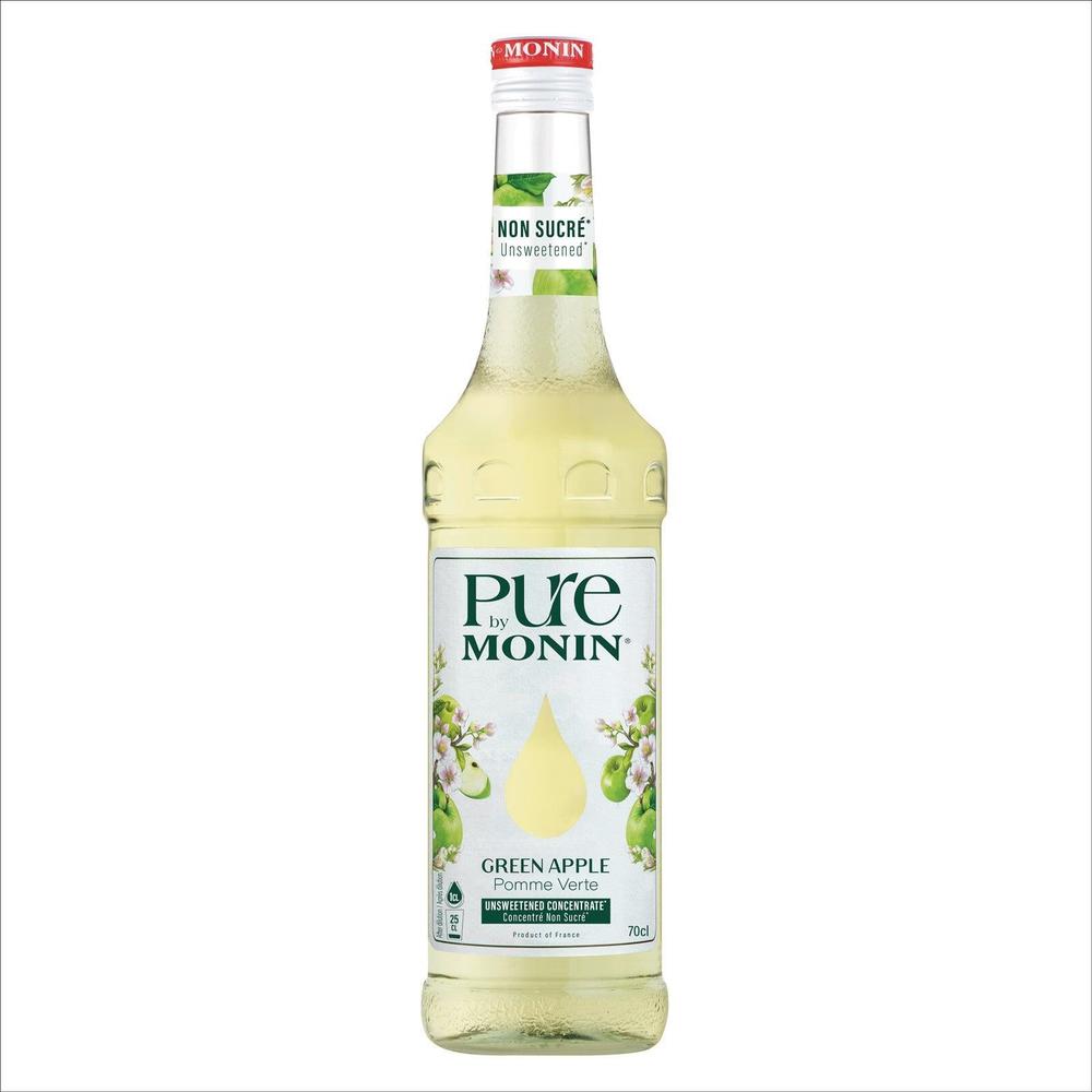Pure by Monin Green Apple smakskonsentrat, 0,7 L flaske med grønn eplejuice og blomsterdesign.