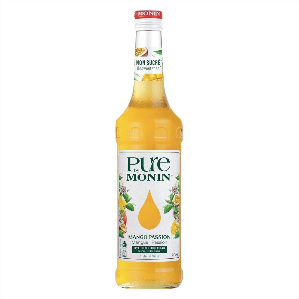 Pure by Monin Mango Passion 0,7L smakskonsentrat i glassflaske med tropisk design.