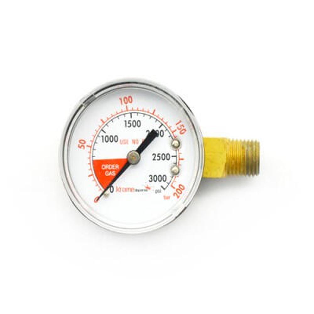 Sølvfarget CO2-regulator manometer med hvit urskive, svarte tall og rød "ORDER GAS" markering.
