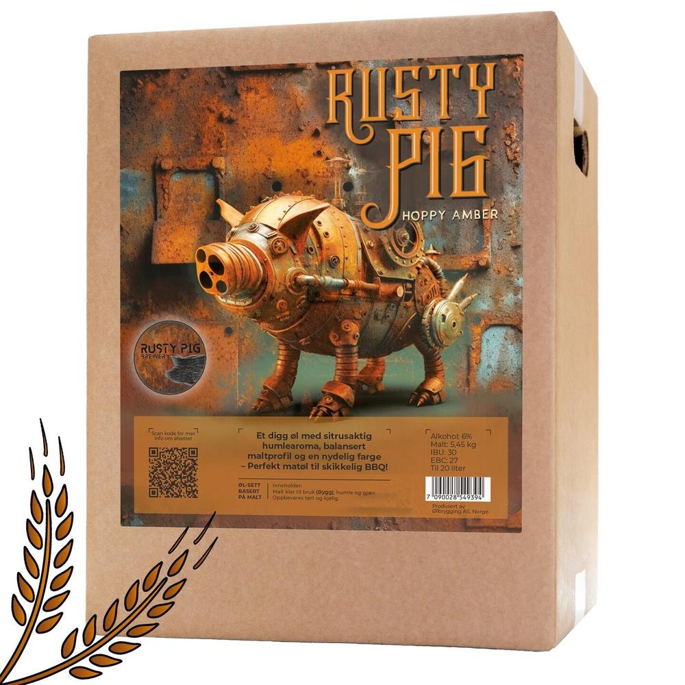 Rusty Pig Hoppy Amber ølsett i pappeske med steampunk-gris og rustent design.