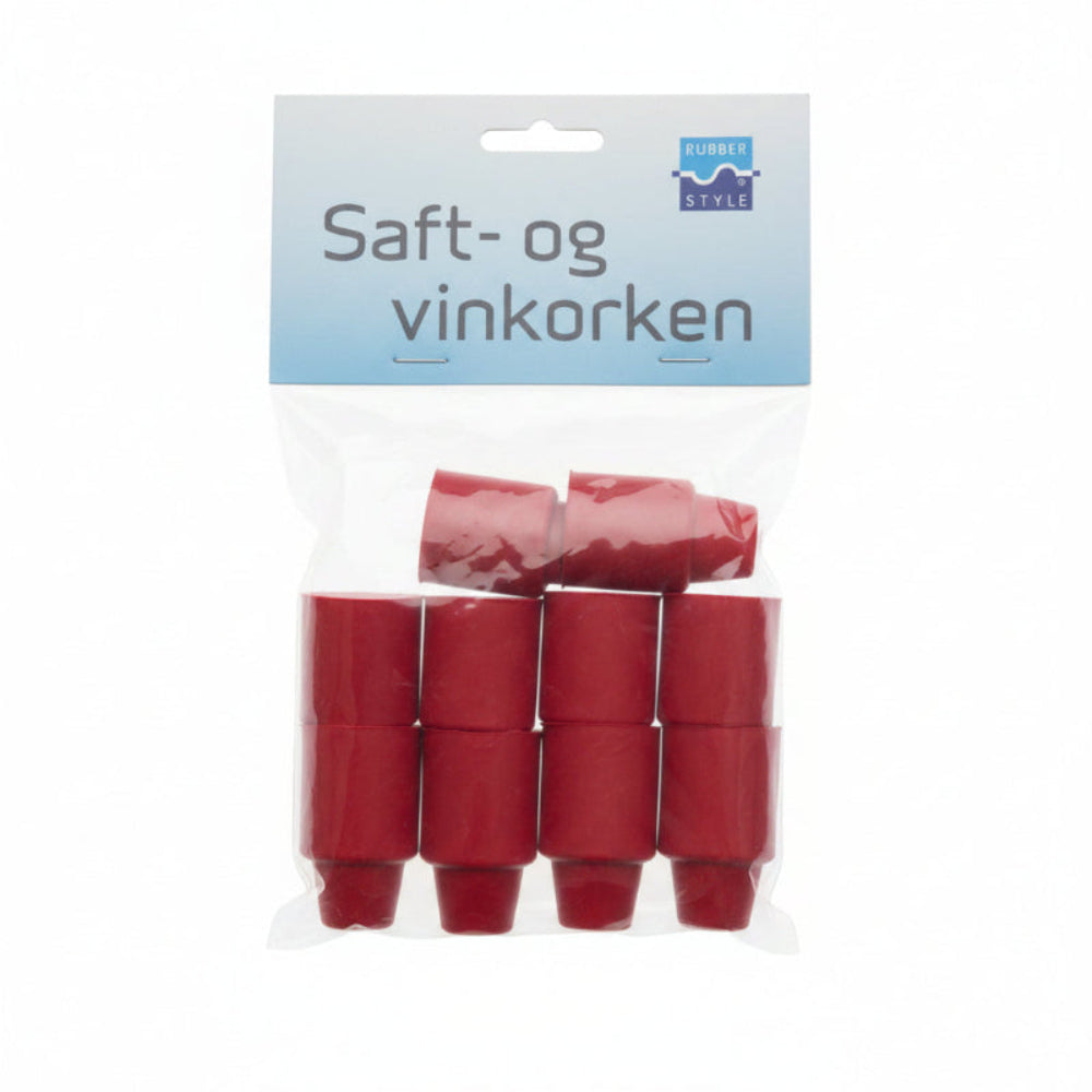 Pose med 10 stk røde gjennbrukbare gummikorker som passer til vin, saft 