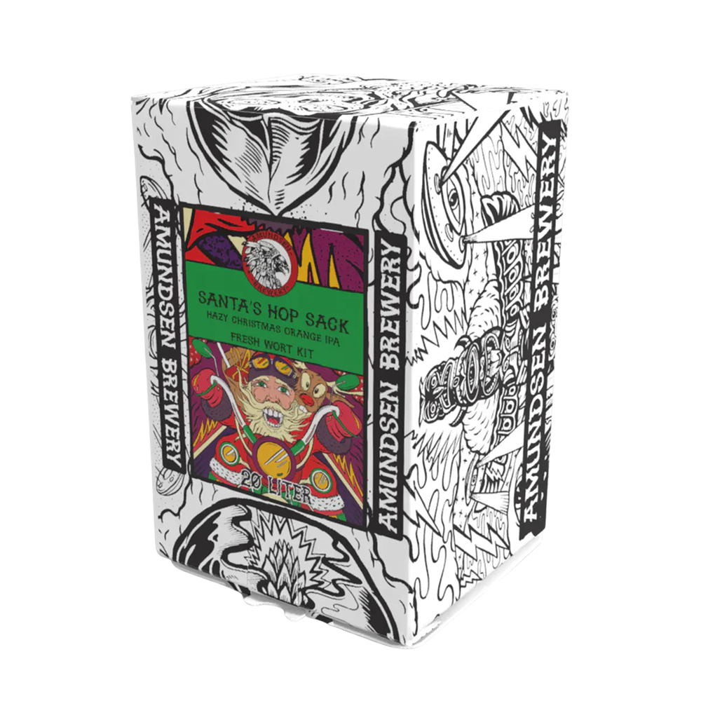 Santa's Hop Sack hazy orange IPA fresh wort kit 20 l fra Amundsen, juleillustrasjon